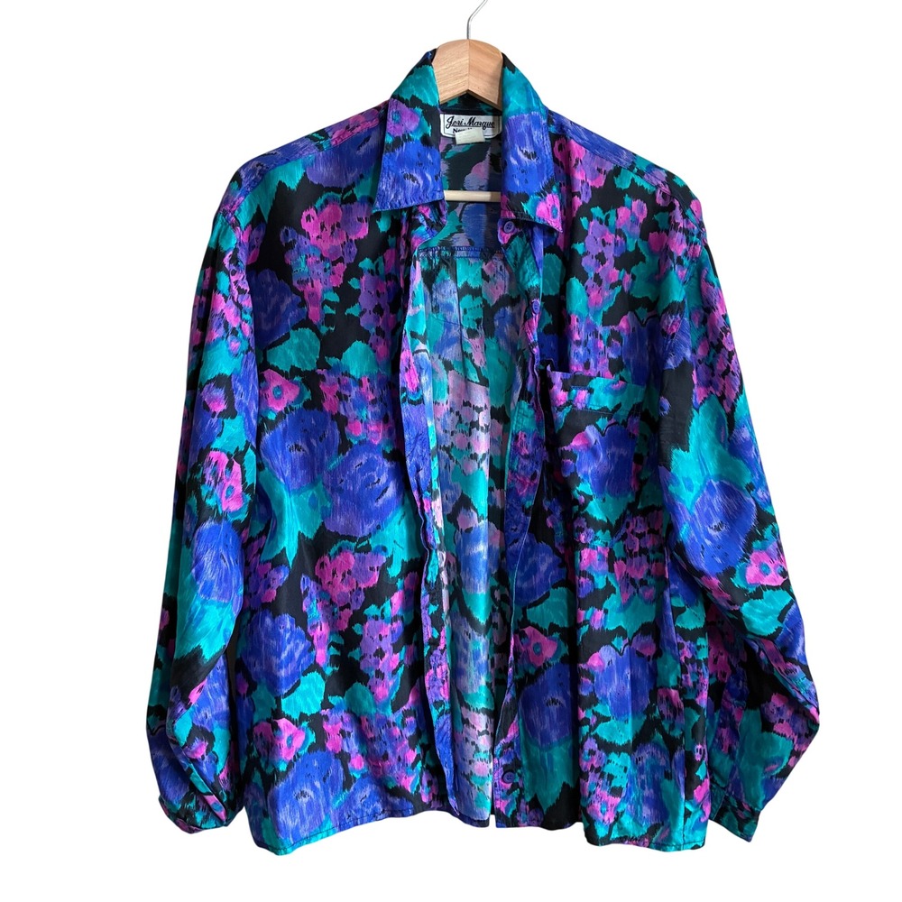 Jeri Marque New York Vintage Silk Blouse M Multicolor Women Abstract Floral